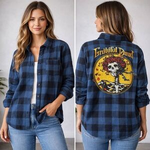 Grateful Dead Blue Plaid Flannel Shirt Skeleton Roses Graphic Womens Medium NWT